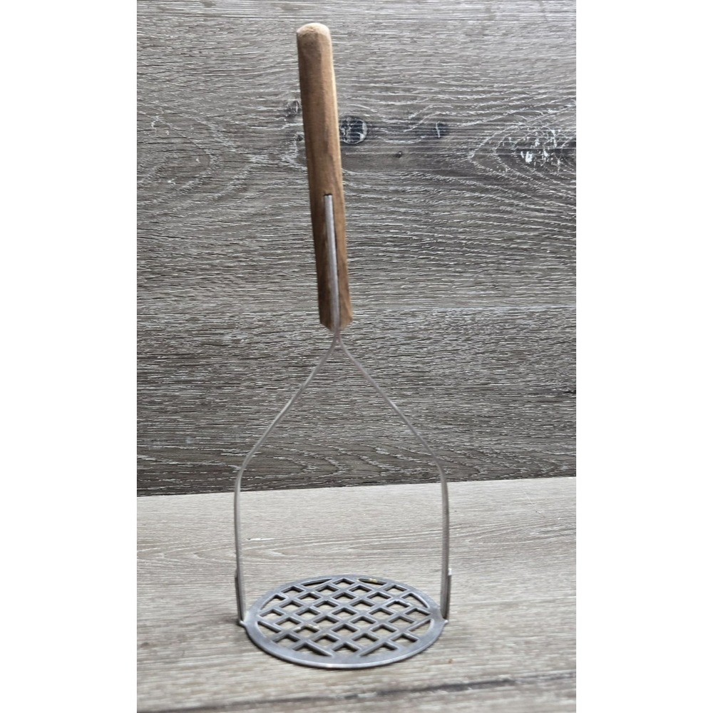 Vintage Utica American Maid Potato Masher Stainless Steel Grid Wooden Handle USA